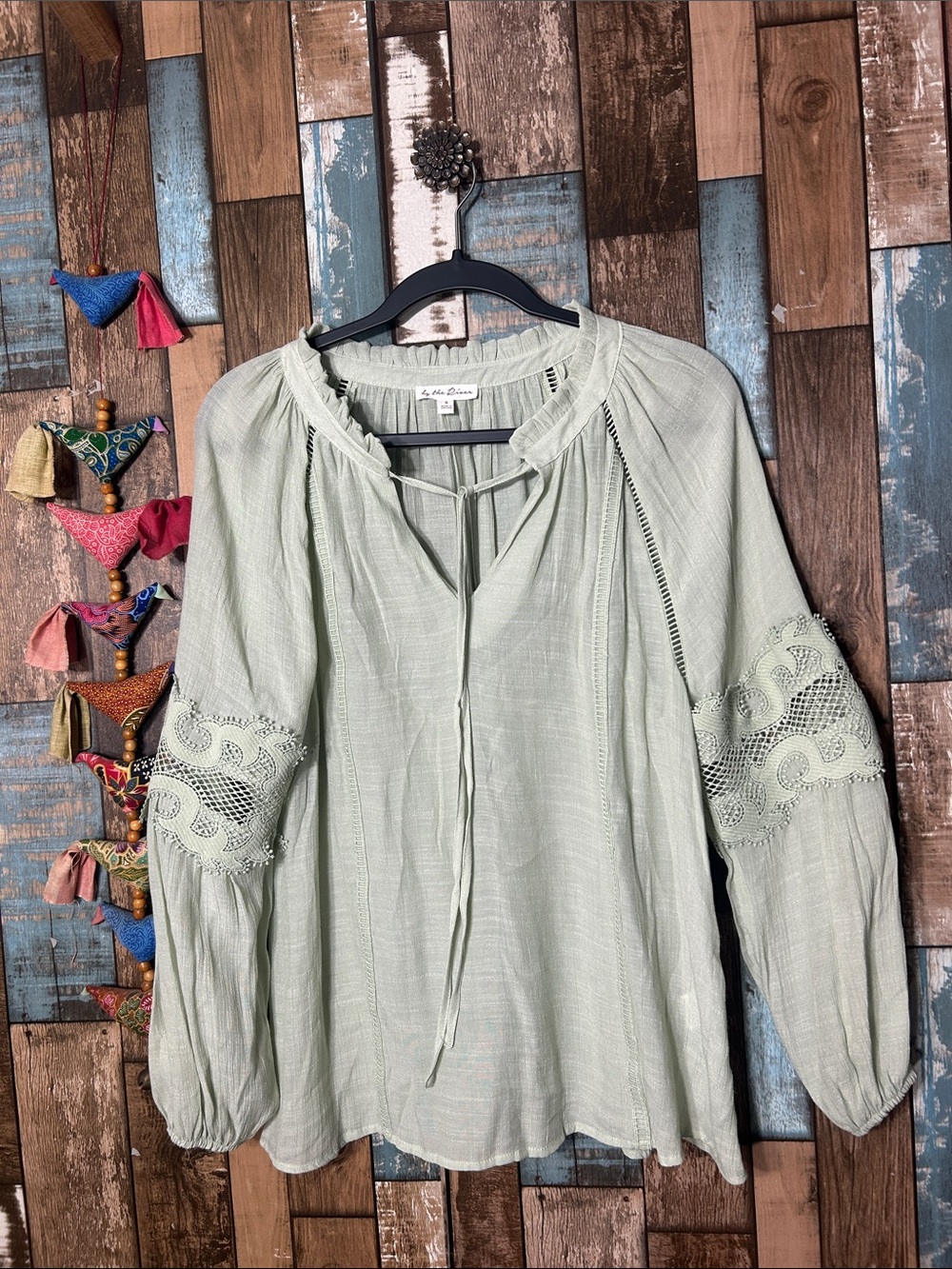 Light Sage Peasant Tunic with Lace Sleeves